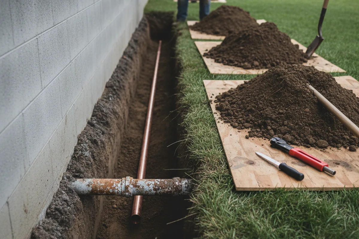 Excavated water line trench during Water Heater Repair in Bartonsville